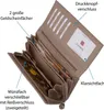 An open wallet showing its internal compartments and contents, with labels pointing out features. Produktbild-Vorschau