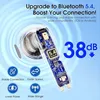 Close-up of a Bluetooth earbud with internal circuitry visible, surrounded by graphic elements and text highlighting features. Produktbild-Vorschau
