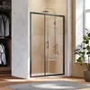 A modern bathroom with a black framed shower enclosure, a closet with clothes, and a potted plant near a window. Produktbild-Vorschau