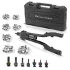 A set of tools for riveting, including a rivet gun, various rivets, and a storage case. Voir les images du produit