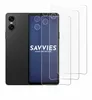 A black smartphone is shown next to three clear screen protectors, with the brand name 'SAVVIES' visible on the phone screen. Produktbild-Vorschau
