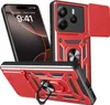A red phone case with a camera cover and ring holder is displayed alongside a smartphone.