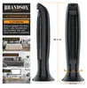 A product image collage showing a black tower fan from different angles and in different room settings. Produktbild-Vorschau