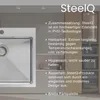 A kitchen sink is shown next to a wall of cabinets and appliances, with text describing the product's features. Produktbild-Vorschau