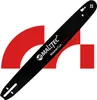 A black chainsaw guide bar with red graphic elements in the background. Produktbild-Vorschau