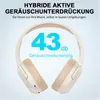A pair of beige headphones is shown against a light blue background, with text highlighting their noise-cancelling features. Produktbild-Vorschau
