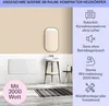 A collage showing a bathroom with a radiant heater on the wall, a sink, and informational graphics about the heater's features. Produktbild-Vorschau