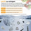 An image showing cleaning instructions for a food processor with various attachments submerged in water. Produktbild-Vorschau