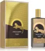 A product shot of a perfume bottle and its box, both featuring a leopard graphic and gold geometric patterns. Voir les images du produit