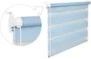 A close-up view of a light blue and white striped roller blind, with a detailed inset showing the mechanism for raising and lowering it. Produktbild-Vorschau