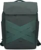 A front view of a dark green backpack with a criss-cross strap design on the front. Produktbild-Vorschau