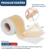 A roll of silicone scar sheets is shown, with a close-up of a hand cutting a piece and dimensions indicated. Produktbild-Vorschau