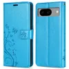 A blue flip case for a Google Pixel 8A phone is shown from the front and side. Produktbild-Vorschau