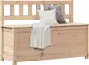 A light-colored wooden storage bench with a slatted backrest, topped with two decorative pillows and a draped blanket. Podgląd zdjęcia produktu