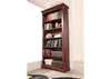 A dark brown wooden bookshelf filled with books and decorative items, placed against a white wall. Produktbild-Vorschau