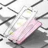 A clear plastic installation guide is shown over a screen protector placed on a pink smartphone. Produktbild-Vorschau