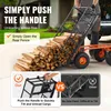 A person is using a garden cart to unload firewood. The image highlights the ease of use of the cart's handle and rear fence. Voir les images du produit