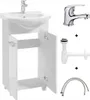 A white bathroom vanity set with a sink and faucet, along with plumbing parts, displayed against a white background.