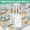 A white WiFi repeater is shown plugged into a wall outlet, with blue rings emanating from it to illustrate signal coverage throughout a house. Produktbild-Vorschau
