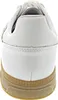 The back view of a white sneaker with a brown sole. Produktbild-Vorschau