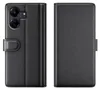 A black leather flip case for a smartphone is shown from the front and back. Produktbild-Vorschau
