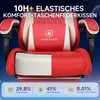 A close-up of a red and white gaming chair with promotional text and feature callouts. Náhled obrázku produktu