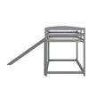 A grey wooden loft bed with a slide and ladder against a white background. Produktbild-Vorschau