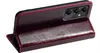A burgundy leather flip case for a smartphone is shown standing open, propped up by its cover. Produktbild-Vorschau