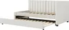 A beige upholstered daybed with a pull-out trundle bed is shown against a white background. Podgląd zdjęcia produktu