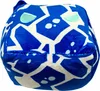 A close-up view of a plush toy with a blue and white geometric pattern. Náhled obrázku produktu