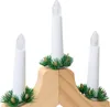 A close-up view of a wooden Christmas candle bridge with three LED lights and pine decorations. Voir les images du produit