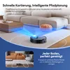 A robot vacuum cleaner is shown mapping a living room with blue laser lines, with text overlays describing its features. Produktbild-Vorschau