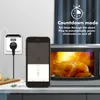 A smart plug connected to a wall outlet, a smartphone displaying a timer app, and a microwave with a roast chicken inside. Produktbild-Vorschau