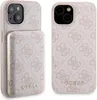 Two views of a pink iPhone case with a repeating Guess logo pattern and a gold Guess logo. One view shows the back of the case with the camera cutout, and the other shows the side profile of the case attached to a power bank. Podgląd zdjęcia produktu