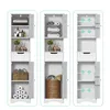 A collage of three images showing a narrow white bathroom cabinet from different angles and with different contents, including dimensions. Produktbild-Vorschau