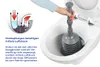 A hand is using a plunger in a toilet bowl, with an inset diagram illustrating how the plunger works. Produktbild-Vorschau