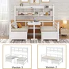 A white wooden daybed with a shelf unit above, a desk in the middle, and two seating areas. The bottom part of the image shows two different configurations of the daybed. Náhled obrázku produktu