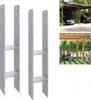 The image is a collage showing two metal H-anchors on the left and two lifestyle shots of outdoor structures on the right. One lifestyle shot shows a carport with cars, and the other shows a woman relaxing under a wooden pergola. Produktbild-Vorschau