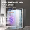 A wine cooler with a glass door is shown, with graphics illustrating UV protection. The background is a room setting with a lamp and curtains. Produktbild-Vorschau