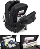 A collage of images showing a black tactical backpack with its compartments open, displaying various items inside. Náhled obrázku produktu
