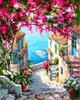 A painting of a scenic view of a staircase leading down to the sea, with houses and flowers on either side. Produktbild-Vorschau