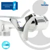 A close-up of a chrome faucet handle with blue indicators, set against a white and light gray background with marketing overlays. Produktbild-Vorschau