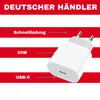 A white USB-C power adapter is shown with text overlays describing its features. Produktbild-Vorschau
