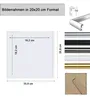A diagram showing the dimensions of a picture frame, along with various color options for the frame and a view of the back of the frame. Produktbild-Vorschau