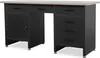 A black metal workbench with a tan MDF top and adjustable feet, shown from the front. Produktbild-Vorschau