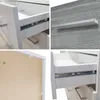 A collage of four close-up images showing details of a white and gray sideboard or dresser. Produktbild-Vorschau