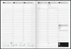 An open planner showing two pages with a grid layout for daily scheduling. Produktbild-Vorschau