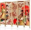 A multi-panel folding screen with Japanese-inspired artwork featuring geishas and mythical creatures. Produktbild-Vorschau