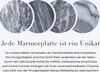 Four circular images of marble patterns are displayed above text describing the uniqueness of marble plates. Produktbild-Vorschau