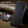 A black leather phone case with a wallet feature is displayed on a textured brown background. Text overlays describe the product's features. Produktbild-Vorschau